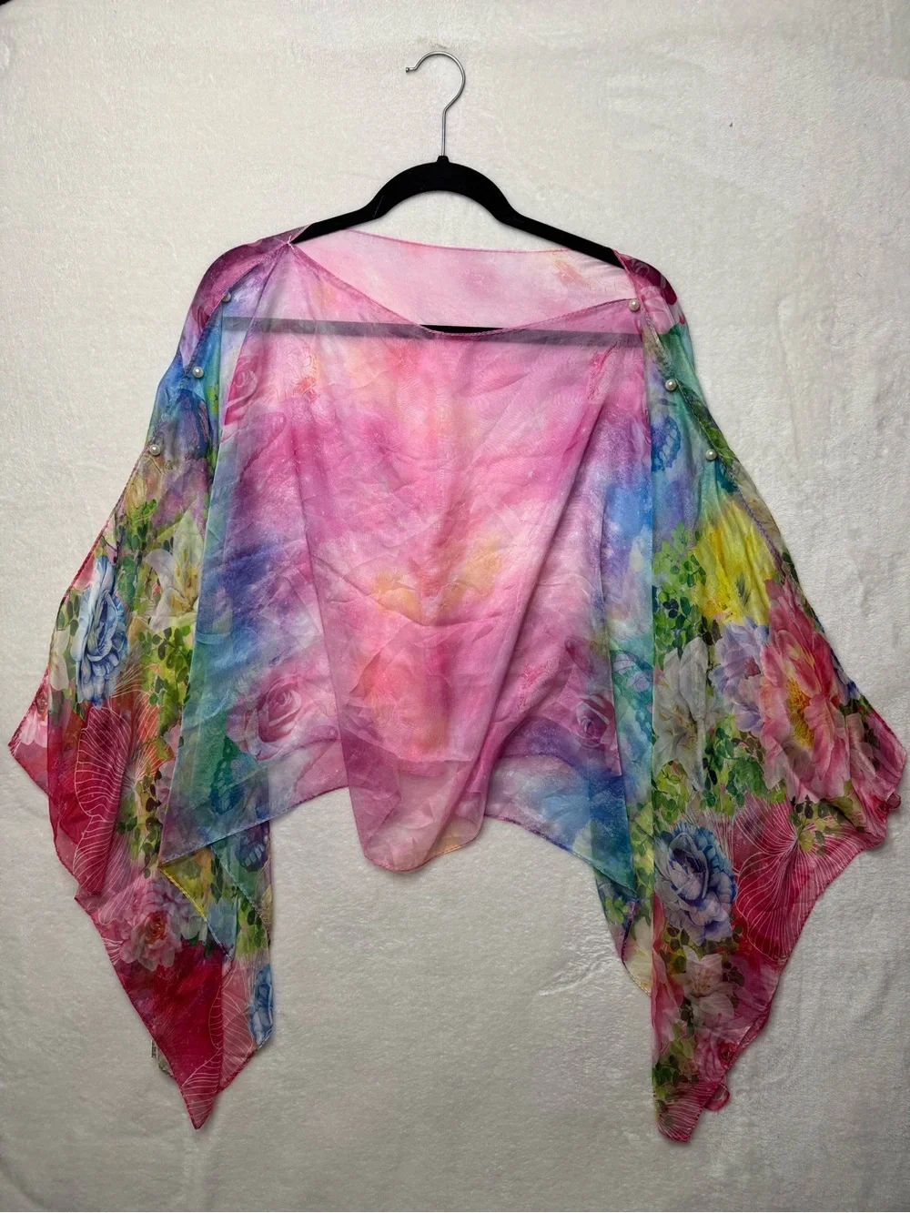 100% Silk Chiffon Sheer Floral Poncho Wrap Top Shawl Pearls Boho Resortwear